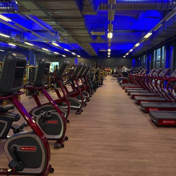 Weitläufige Laufzone mit vielen Geräten Große Cardiohalle