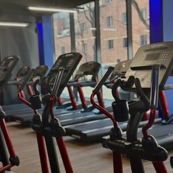 Heller Cardio-Bereich mit Blick nach draußen Cardiogeräte am Fenster im Fitnessstudio