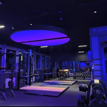 Trainingsfläche mit Hanteln und Plattformen Freihantelbereich im Fitnessstudio