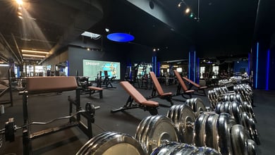 Freihantelbereich mit Hanteln und Trainingsbänken Hanteln und Trainingsbänke in Reihen